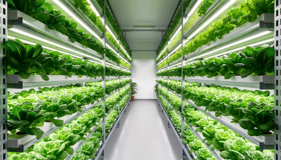 Large indoor garden system with multiple bays of thriving leafy greens