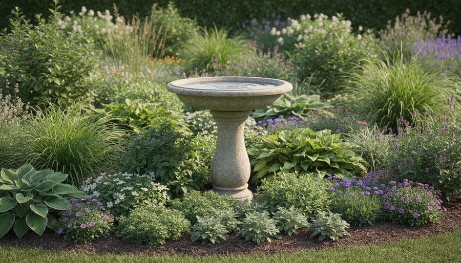 Birdbath in the center with layered groundcover, flowering perennials, and tall ornamental grasses behind it