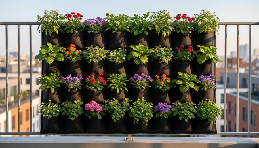 Felt fabric pocket planters hanging on a balcony railing with flowers and greens