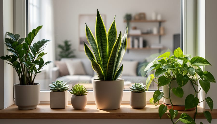 Low-water houseplants, including a snake plant, ZZ plant, pothos, and succulents, arranged on a sunny apartment windowsill.