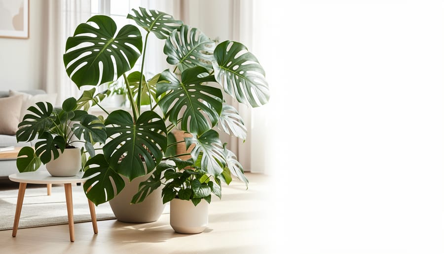 Monstera deliciosa with split leaves in a decorative indoor pot
