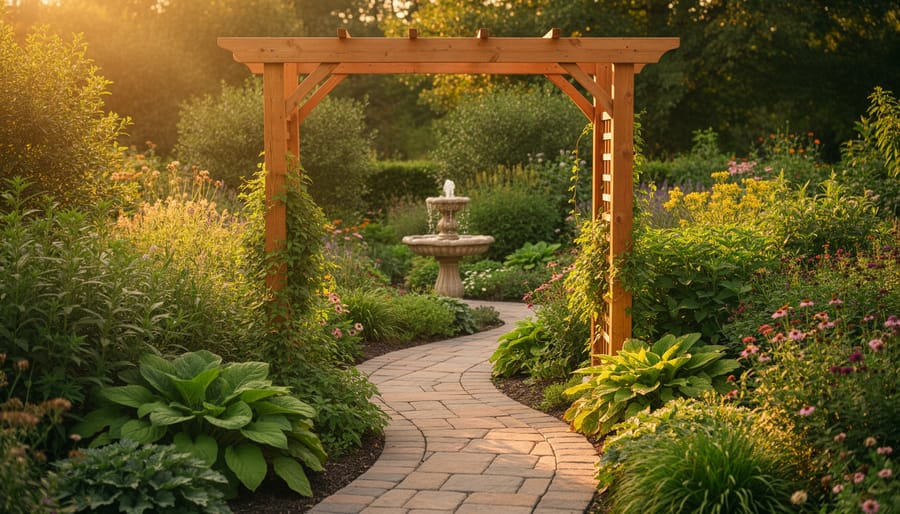 Lush outdoor garden with native plants, a wooden arbor, and a stone birdbath focal point glowing in golden hour sunlight.