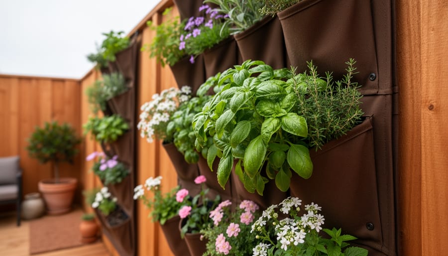 Outdoor vertical garden installed on a wooden fence with herb and flowering plants growing in stacked and hanging planters