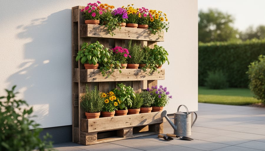 Rustic wooden pallet used as a vertical garden wall with herbs and succulents outdoors