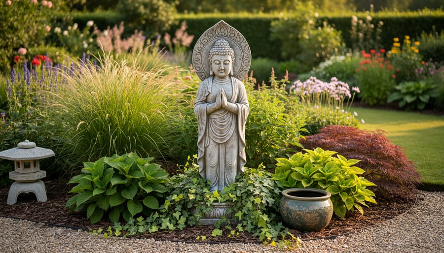 Garden statue surrounded by tall flowering plants on a trellis and low border plants framing the base