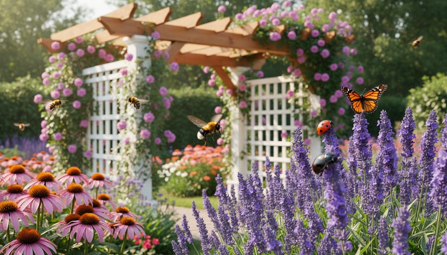 Bee hovering near purple coneflowers in a garden bed beside a trellis