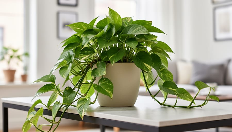 Trailing pothos (Epipremnum aureum) plant with heart-shaped leaves indoors
