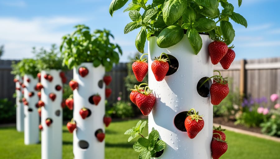 PVC pipe vertical planters with strawberry plants outdoors