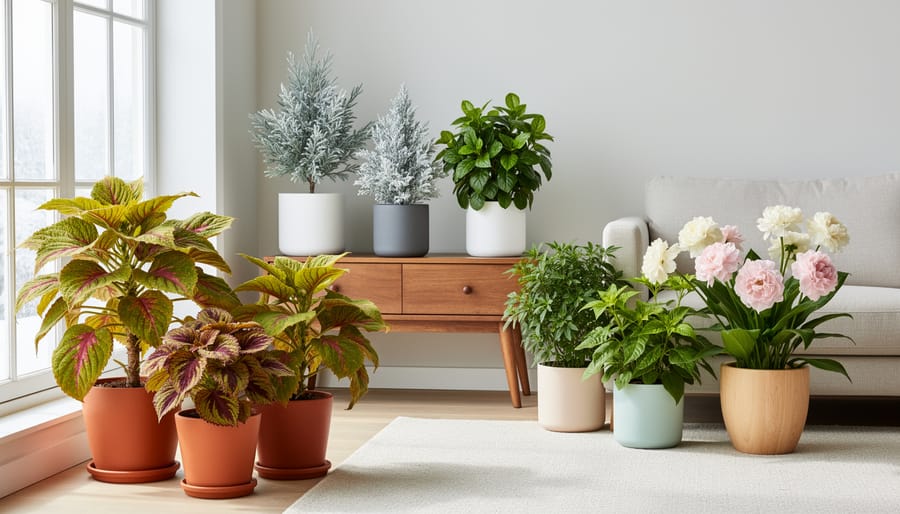 Outdoor garden bench surrounded by plants showing coordinated seasonal colors