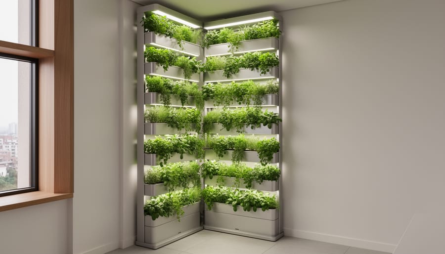 Vertical compact indoor garden system with growing greens in a small apartment corner