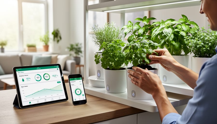 Person adjusting a smart indoor garden system with smartphone tablet nearby and plants under grow light