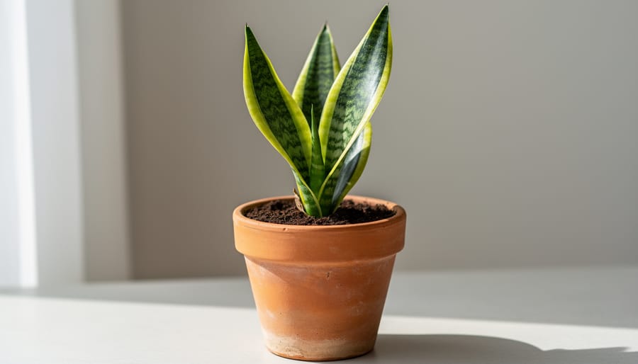 Snake plant (Sansevieria) in a terracotta pot on a bright windowsill