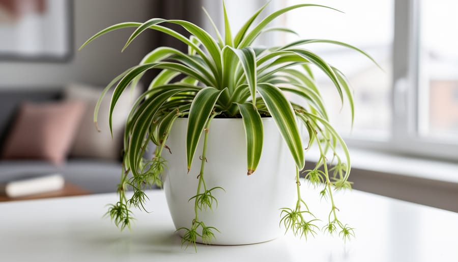 Spider plant with striped leaves and small baby plantlets