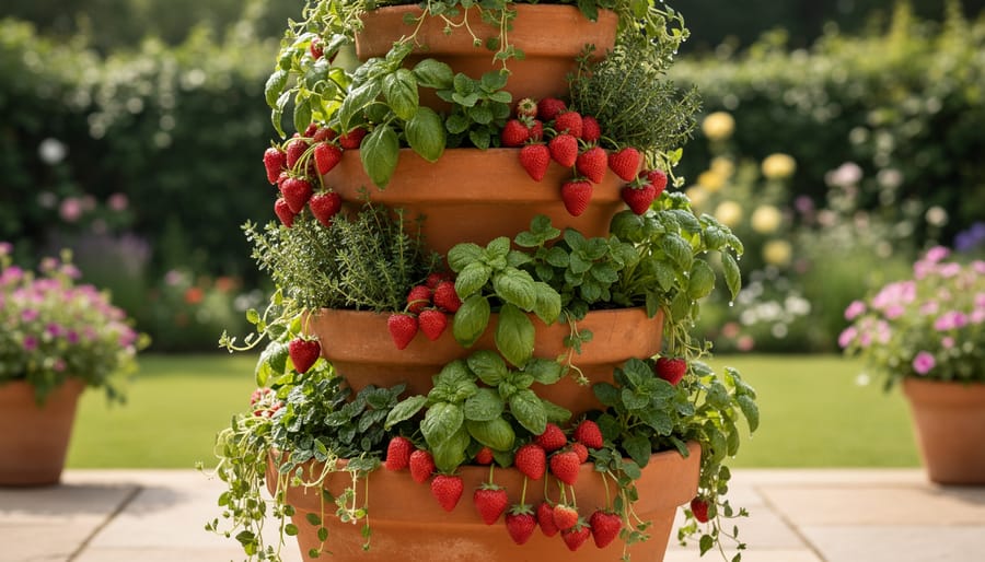 Stacked terracotta pot vertical tower with strawberries outdoors