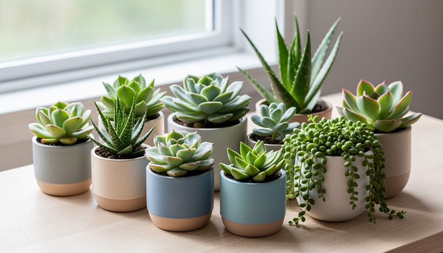 Close-up of a succulent arrangement with multiple low-water plants in small pots