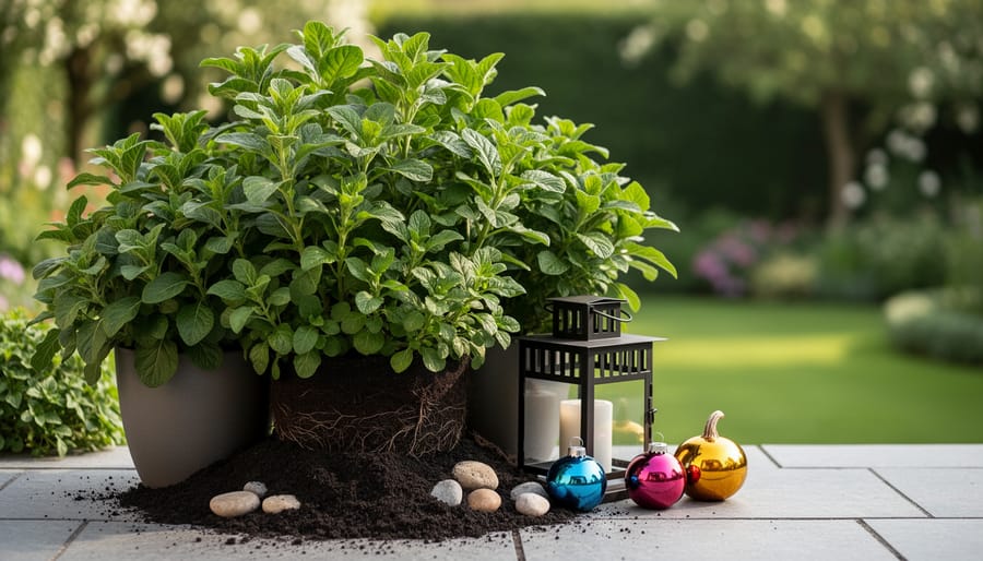 Gardener hands placing organic mulch around healthy flowering plants near outdoor garden decorations