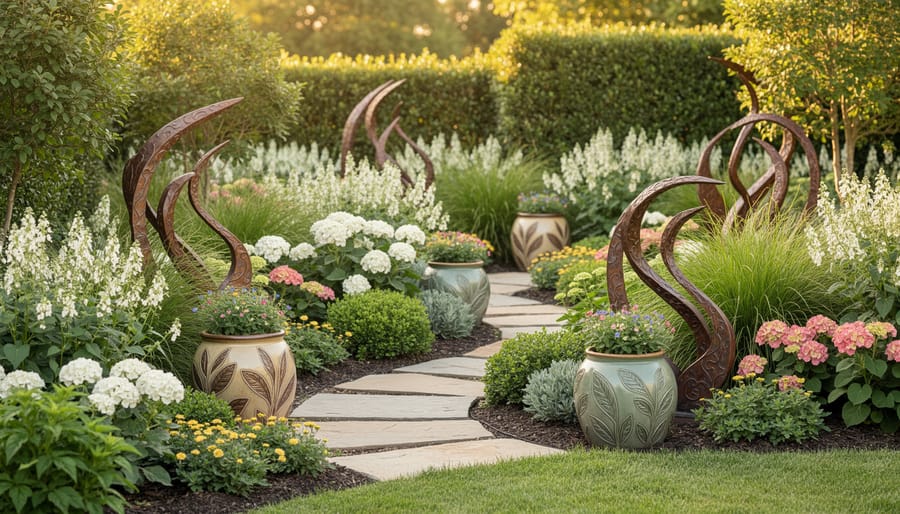 Cottage-style garden path with whimsical decorations and coordinated flowering plants