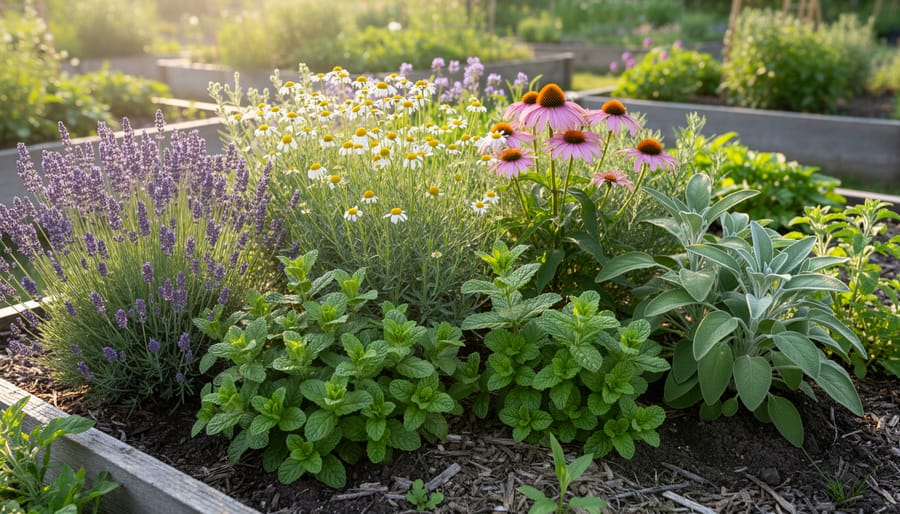 Lavender, lemon balm, and yarrow thriving together in a sunlit herb garden bed