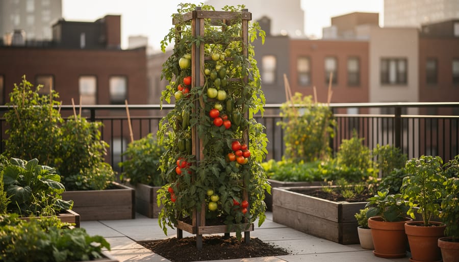 Freestanding trellis tower with climbing beans and tomato plants outdoors