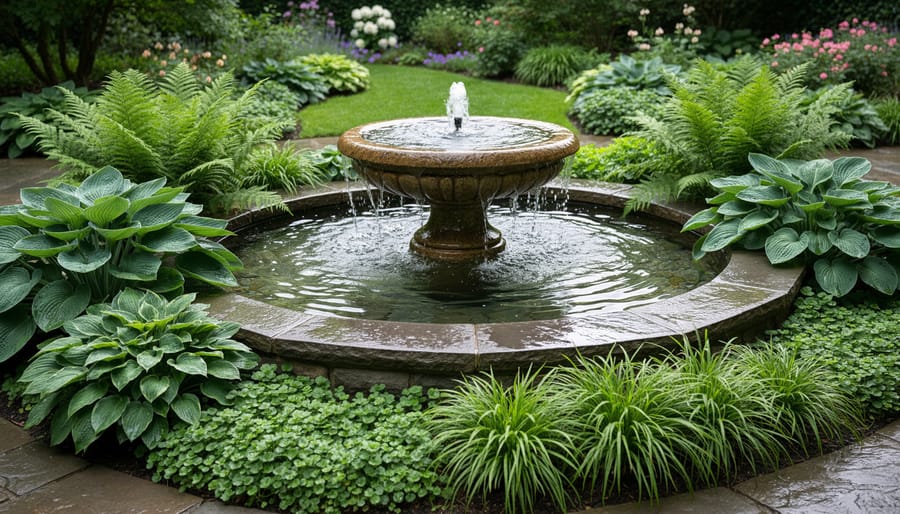 Outdoor fountain surrounded by ferns, hosta, and other moisture-loving plants