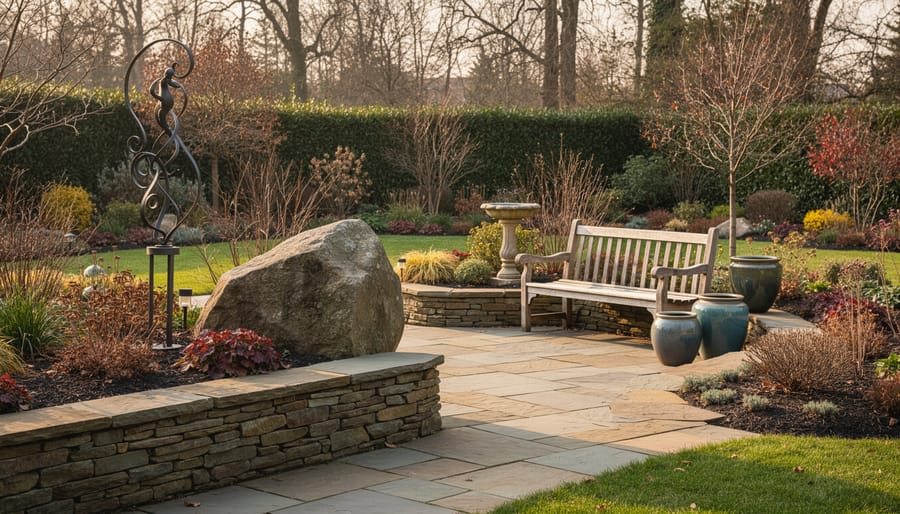 Metal lantern and decorative trellis stake in an outdoor garden bed with evergreen structure plants