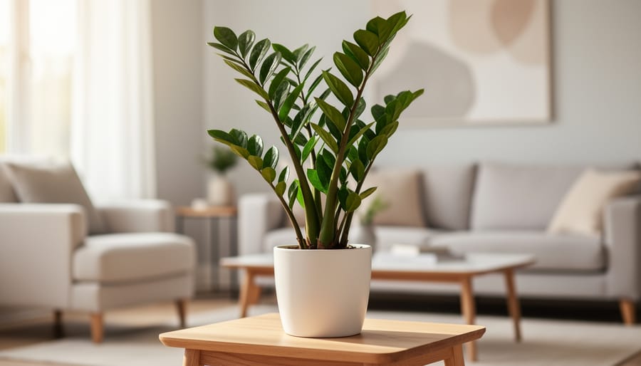 Glossy ZZ plant (Zamioculcas zamiifolia) with dark green waxy leaves in a modern pot